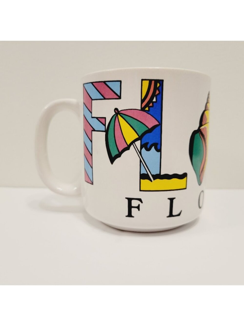 Vtg 90s Neon Florida Souvenir Coffee Cup Mug Seashells Pink Flamingo Sailing